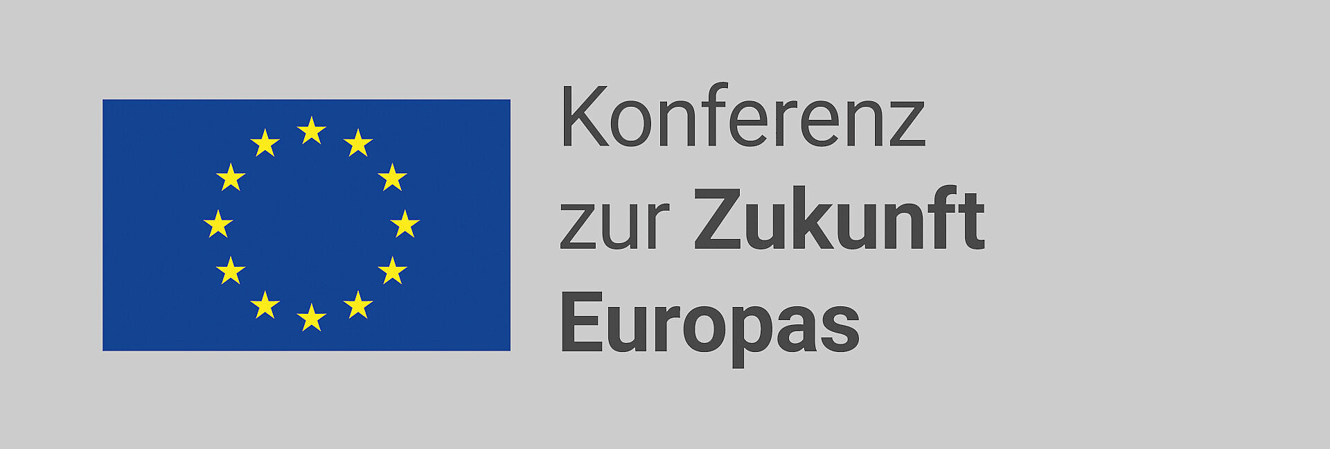 Das Bild zeigt die EU Flagge, ein blaues Rechteck mit 12 kreisförmig angeordneten Sternen auf der linken Hälfte des Bildes. Auf der rechten Bildhälfte steht groß in schwarzer Schrift „Konferenz zur Zukunft Europas“, auf grauem Hintergrund. 