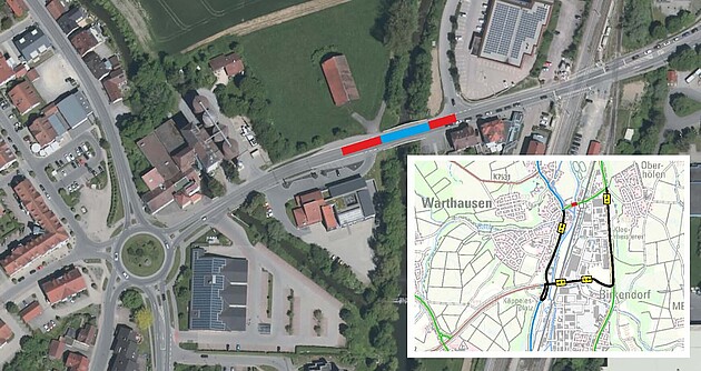 Das Foto zeigt ein Luftbild und den Lageplan der L 251 Instandsetzung der Brücke über die Riss und Belangsarbeiten in Warthausen