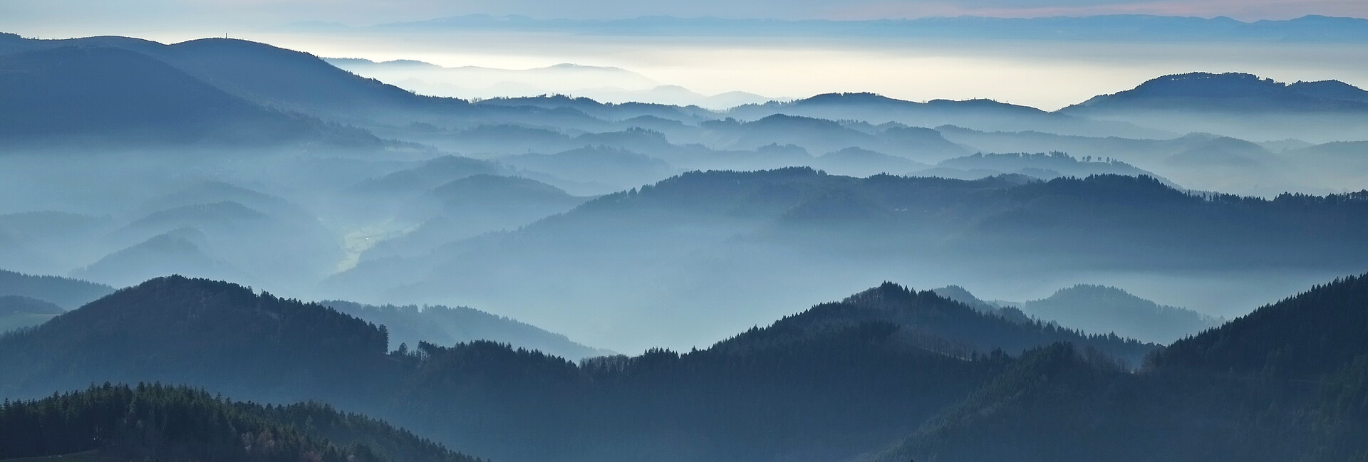 Blick vom Nordschwarzwald auf Oberrhein und Vogesen bei Inversion