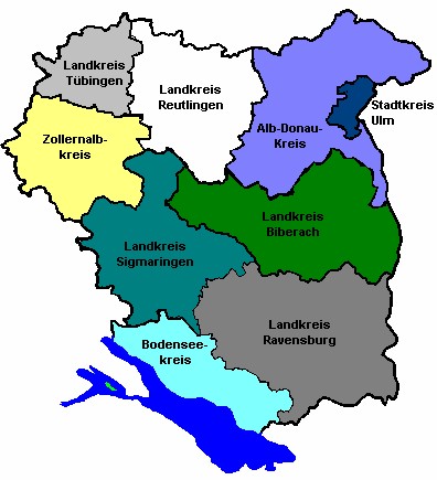 Landkarte des Regierungsbezirks Tübingen mit farbig markierten Landkreisen