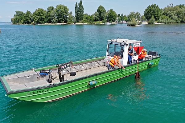 Bild zeigt Boot auf dem Bodensee: v. li. nach re. Benno Sterk, Andreas Wagner, Walter Reichert