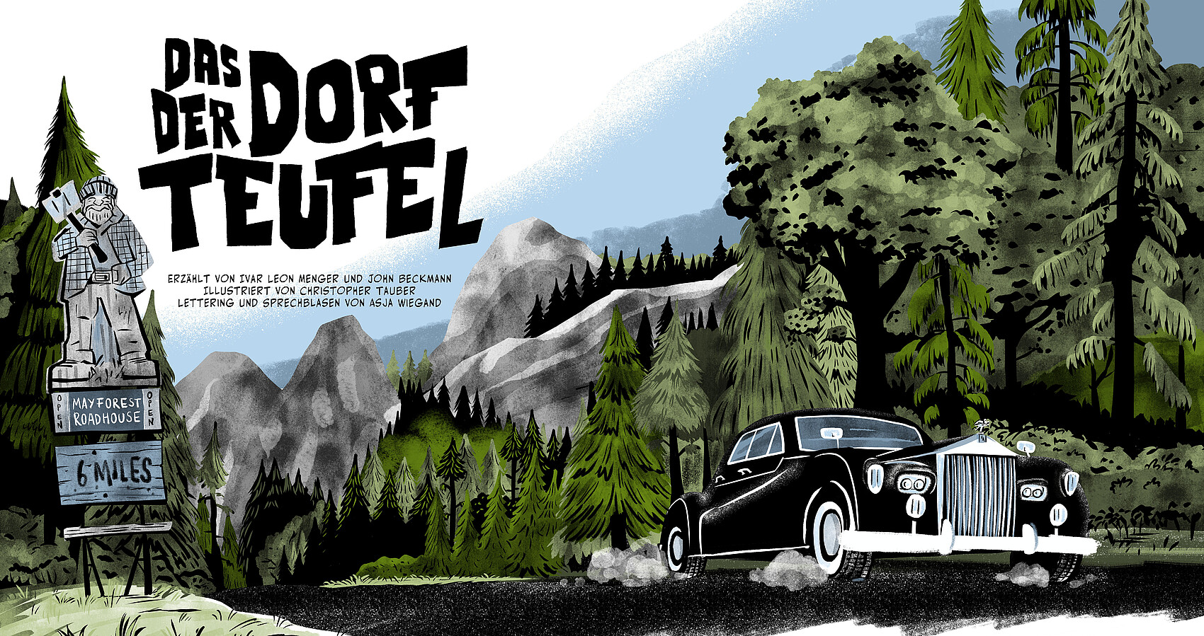 Das Foto zeigt ein Bild mit einem Schriftzug "Das Dorf der Teufel", einen düsteren Wald, ein Gebäude, im Hintergrund ein Berg, ein schwarzes Auto