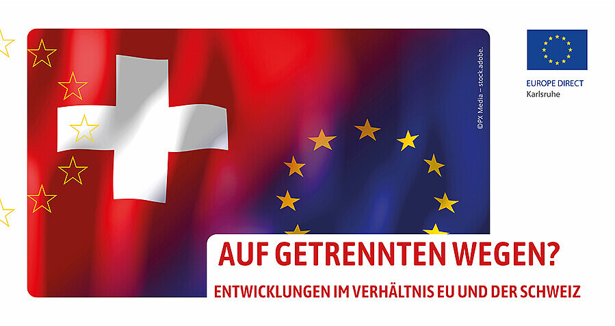Das Bild zeigt die Schweizer Fahne auf der linken Seite und die EU-Fahne auf der rechten. In der Mitte gehen sie fließend ineinander über.