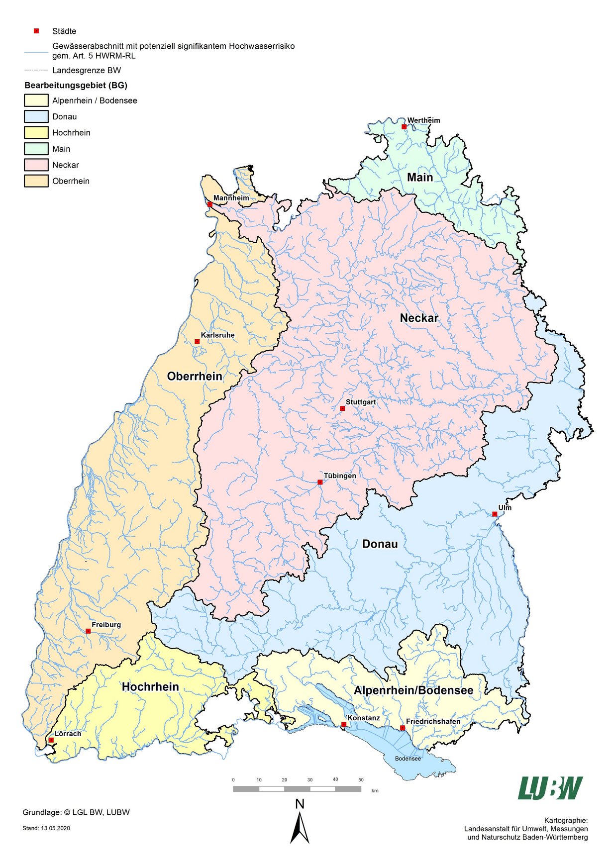 Karte von Baden-Württemberg mit Bearbeitungsgebieten Hochwasserrisikomanagement 2020