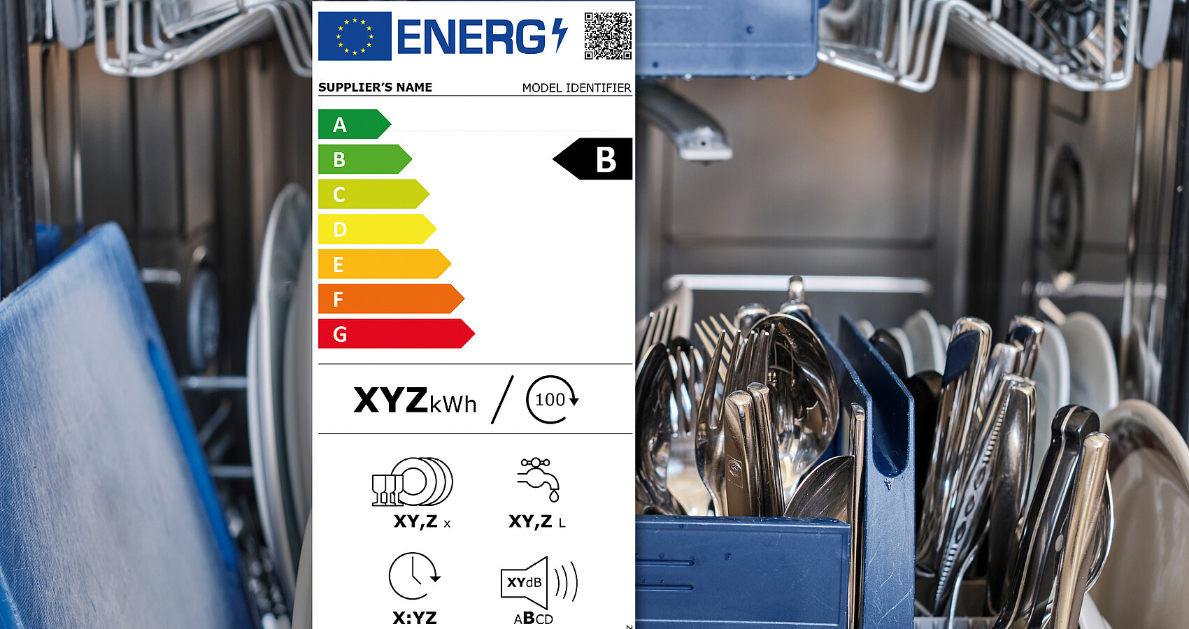 Das Foto zeigt eine offene Geschirrspülmaschine und das neue Energielabel der EU