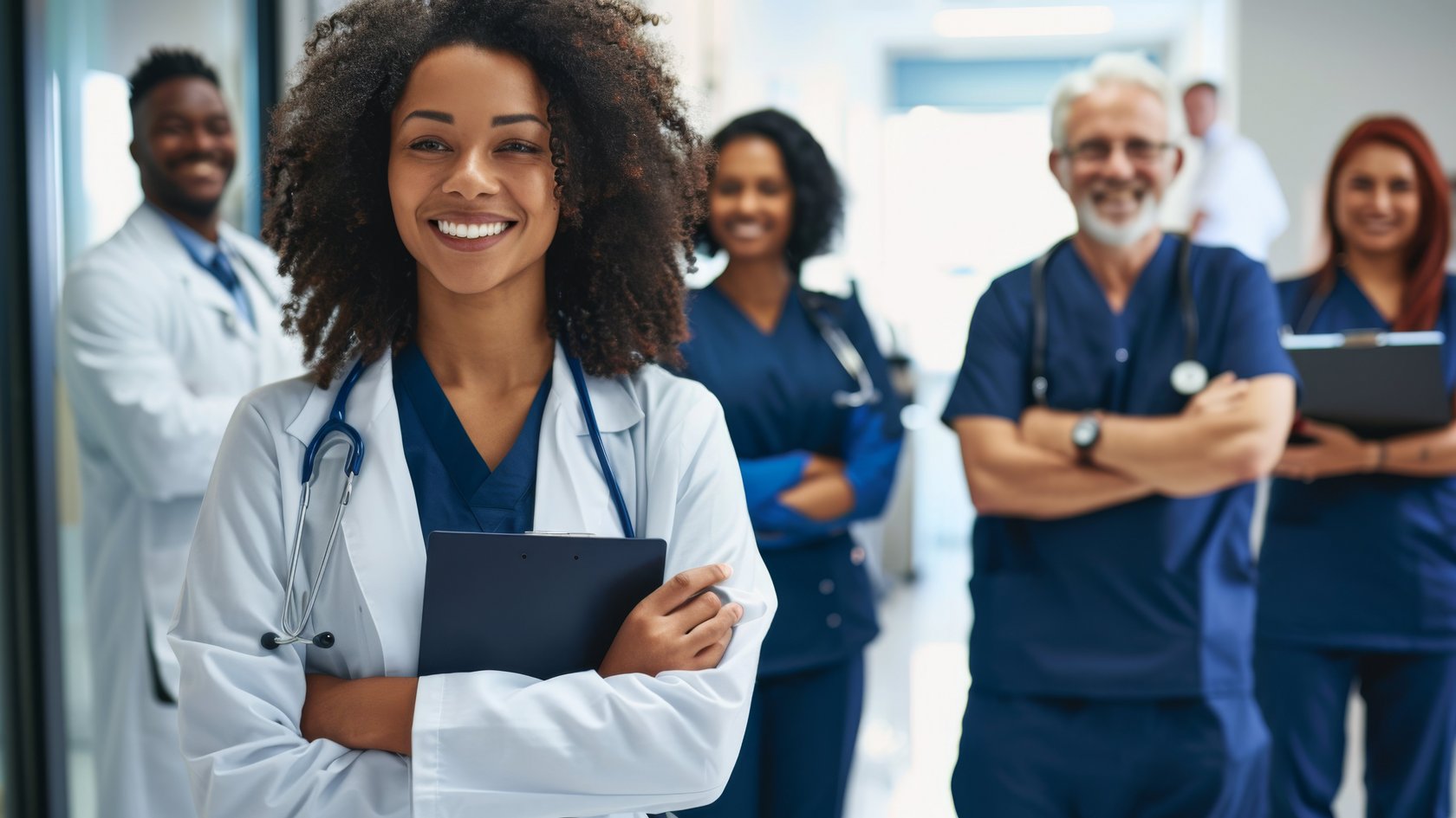 Bild zeigt eine dunkelhäutige Ärztin mit verschrenkten Armen im Vordergrund und verschwommen im Hintergrund 4 Ärzte mit verschränkten Armen