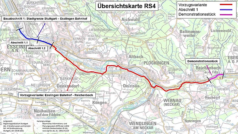 Übersichtskarte Radschnellweg Esslingen - Reichenbach