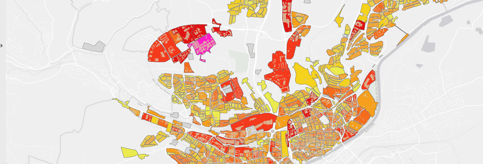 Eine Karte zeigt die kommunale Wärmeplanung der Stadt Ulm