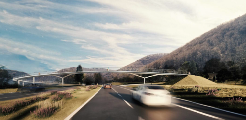 Eine computergenereierte Visualisierung einer Fußgängerbrücke aus Perspektive der Autofahrenden