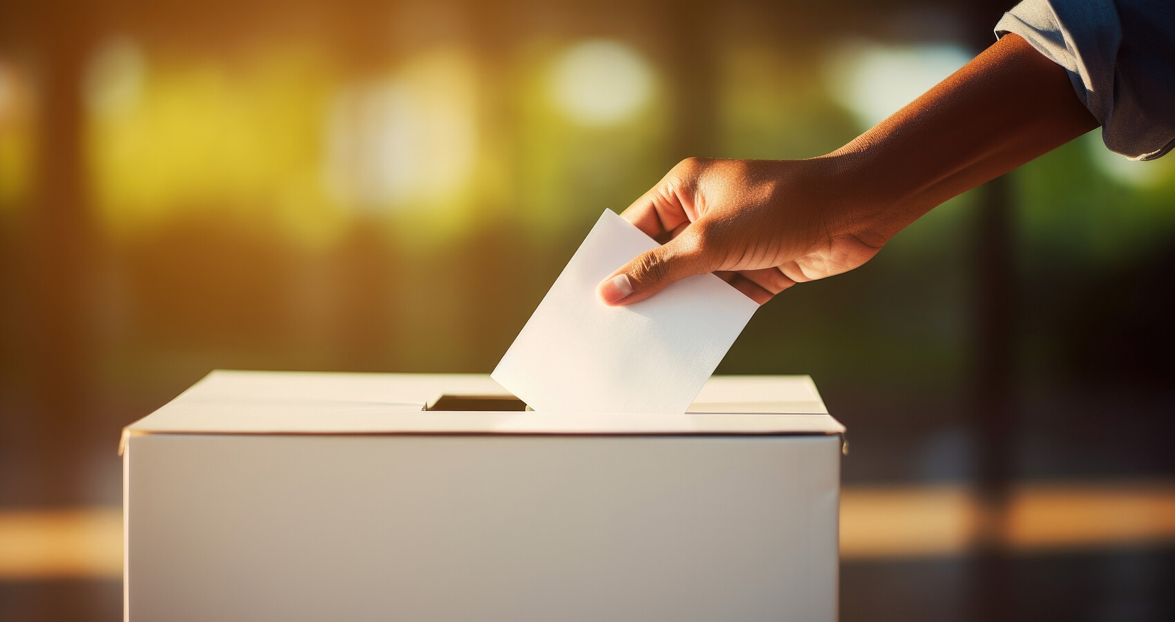 Das Foto zeigt eine Hand, die einen Wahlzettel in den Schlitz einer Wahlurne gibt