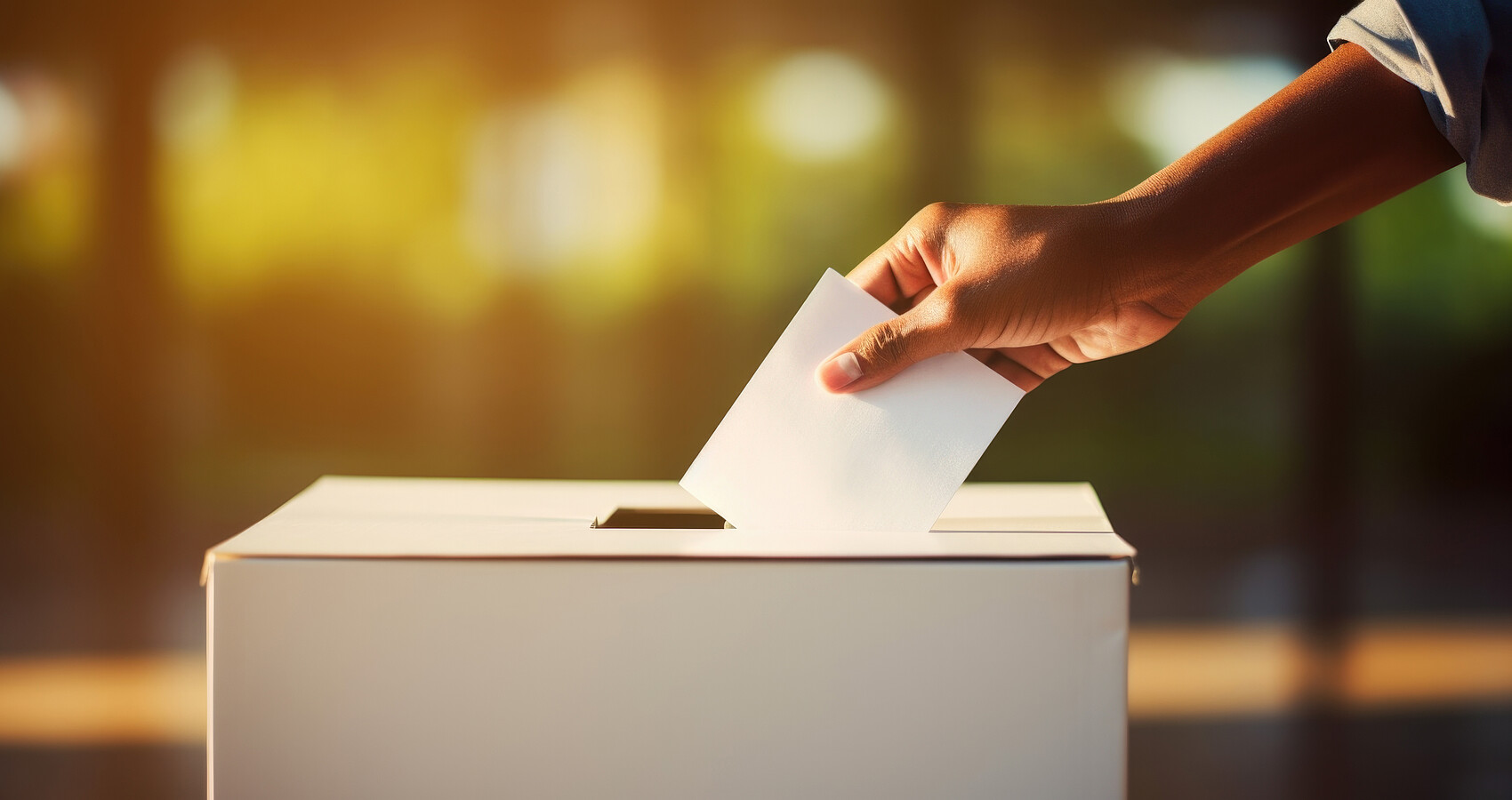 Das Foto zeigt eine Hand, die einen Wahlzettel in den Schlitz einer Wahlurne gibt
