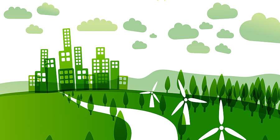Grüne Zeichnung, die Nachhaltigkeit darstellen soll. Im Hintergdung eine gezeichnete Stadt mit Hochbaute, davor eine Landschaft mit Bäumen, Windkraftanlagen und einer Straße