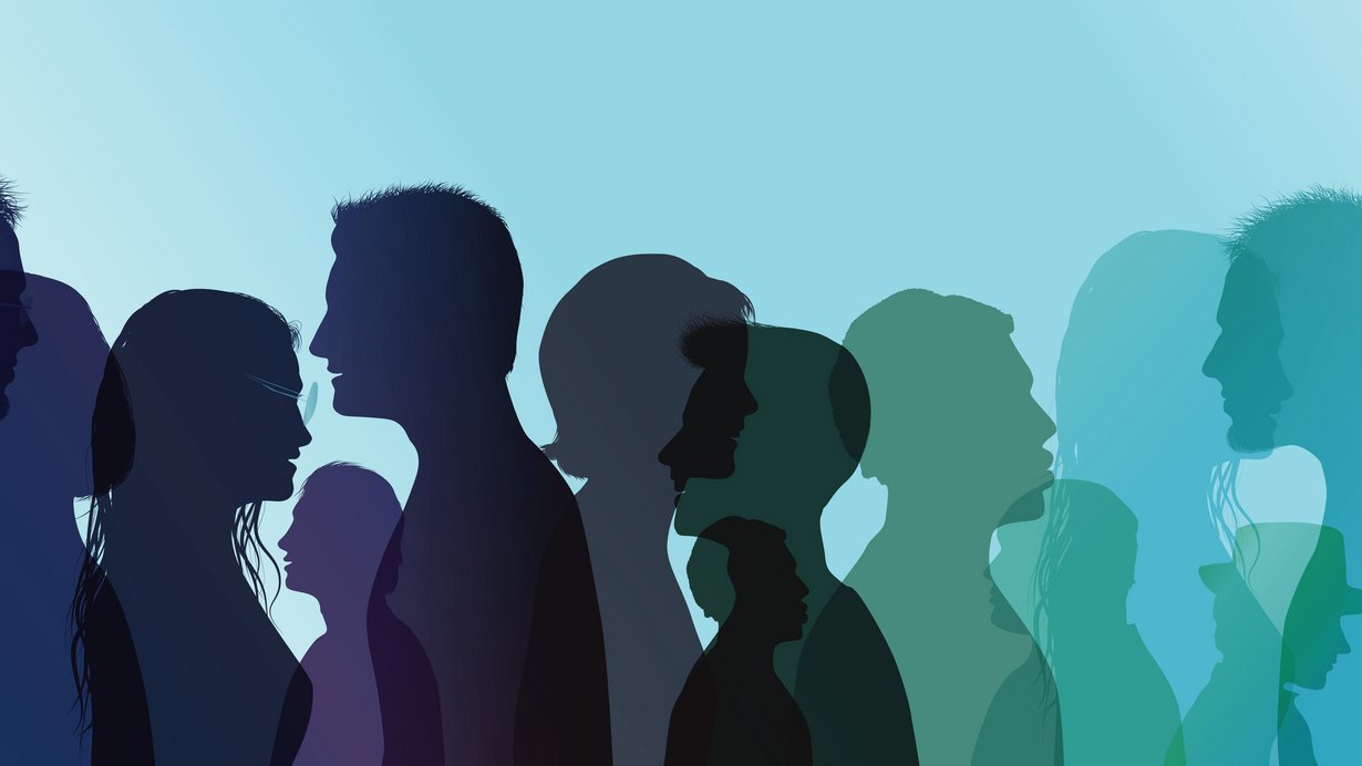 eine Gruppe von Menschen diskutiert miteinander. Die menschen sind als Shilouetten dargestellt und sind in Blau- und Grüntönen eingefärbt.