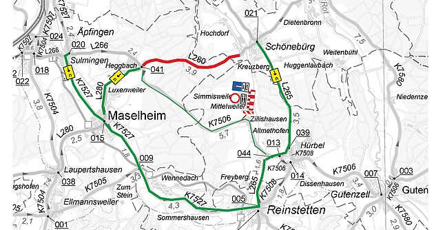 Das Bild zeigt einen Lageplan mit Umleitungseinzeichnungen L 280 Heggbach - Schönebürg