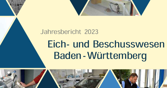 Titelseite des EBBW Jahresberichts 2023; man sieht bunte Dreiecke; in manchen sind Bilder zum Thema Eich- und Beschusswesen zu sehen