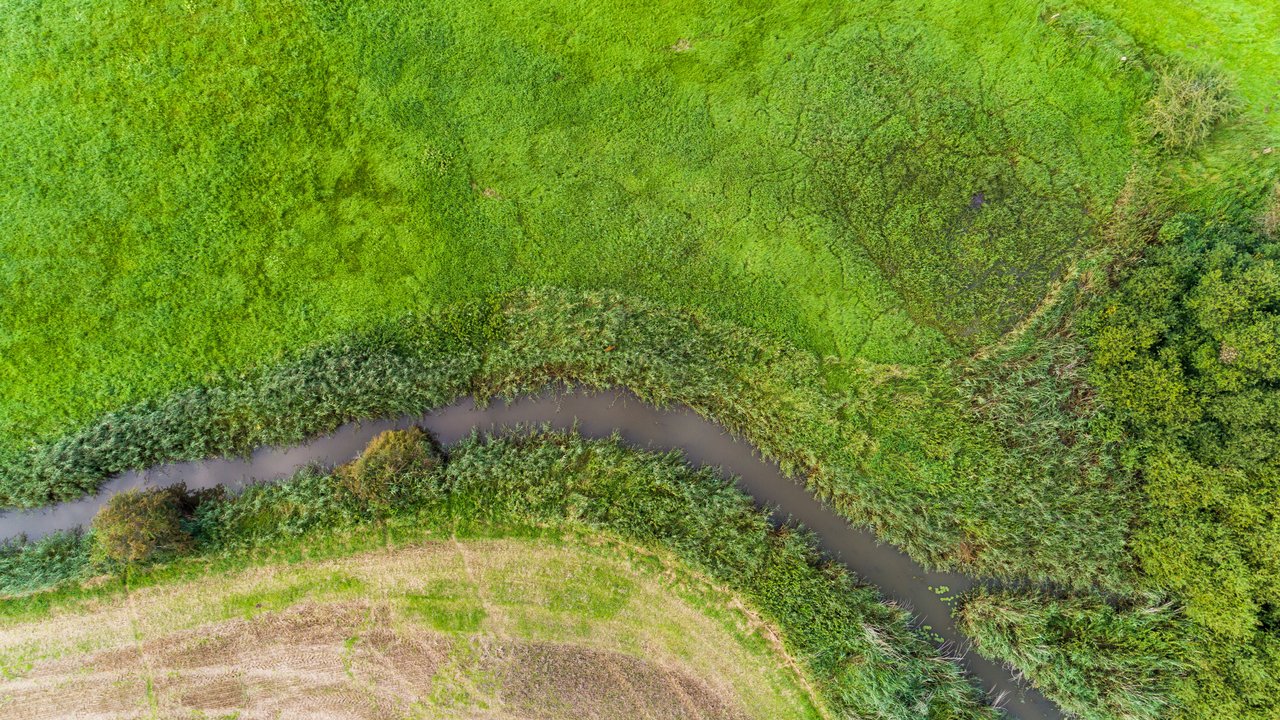 Drohnenaufnahme eines Gewässerverlaufs. Man sieht aus der Vogelperspektive einen Flußverlauf zwischen einem abgeernteten Feld und grüen Wiesen