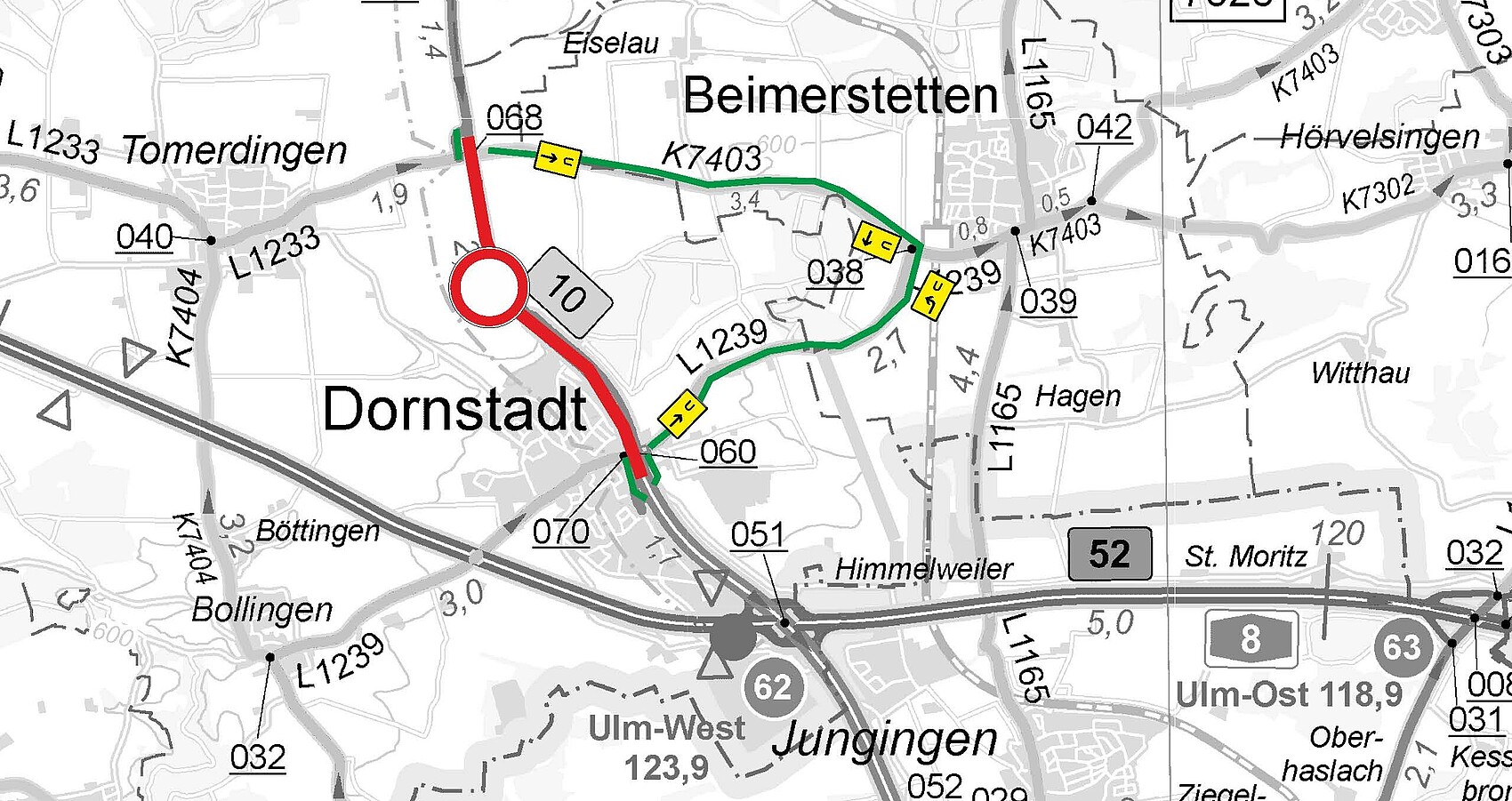 Umleitungsskizze zur Fahrbahndeckenerneuerung der B 10 zwischen Tomerdingen und Dornstadt