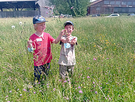 Zwei Jungen zeigen stolz ihre gesammelten Wiesenpflanzen in die Kamera.