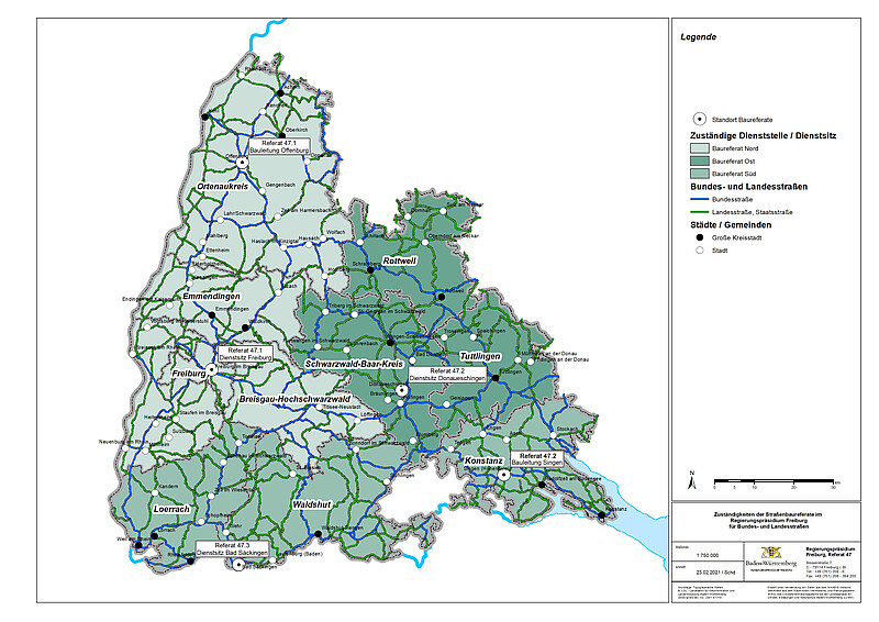 Eine Karte des Regierungsbezirks, hier sind Bundes- und Landesstraßen sowie die Zuständigkeiten der verschiedenen Baureferate abgebildet