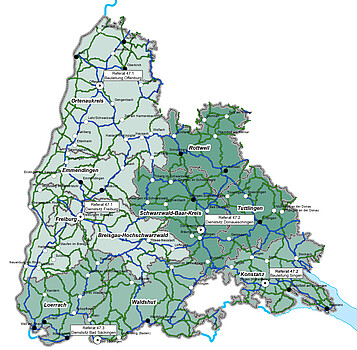 Eine Karte des Regierungsbezirks, hier sind Bundes- und Landesstraßen sowie die Zuständigkeiten der verschiedenen Baureferate abgebildet