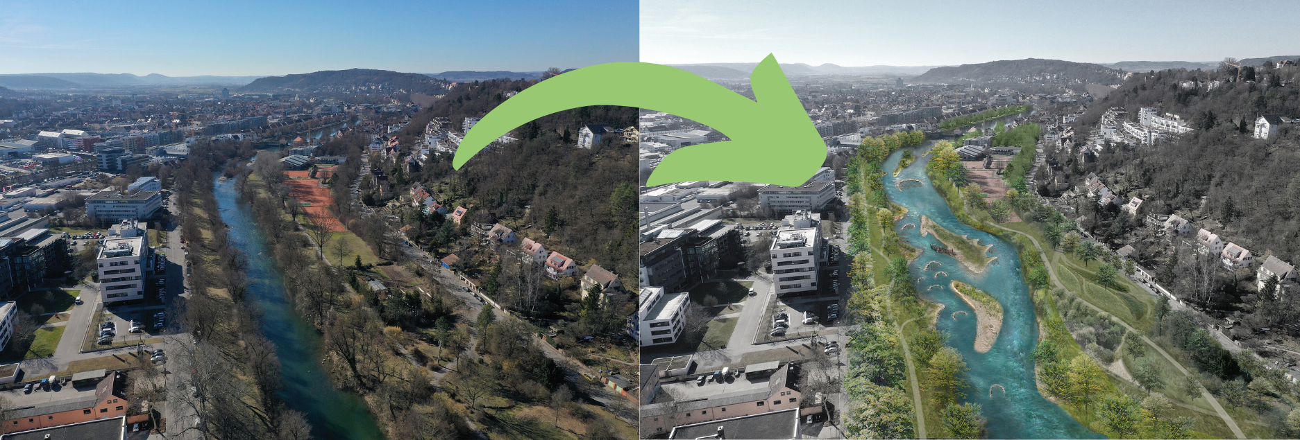 Man sieht auf zwei Drohnenbilder: links: der jetzige Zustand: Der Fluss Neckar fließt gerade durch die Gartenstraße in Tübingen: Rechts sieht man den visulaisierten Zustand, wie es zukünftig aussehen soll, der Neckar fließt mäandrierend durch die Gartenstraße und zeigt naturnahe Elemente, wie Inseln ider Kiesflächen