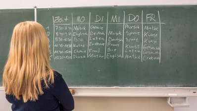Tafel mit Stundenplan, Lehrerin steht davor