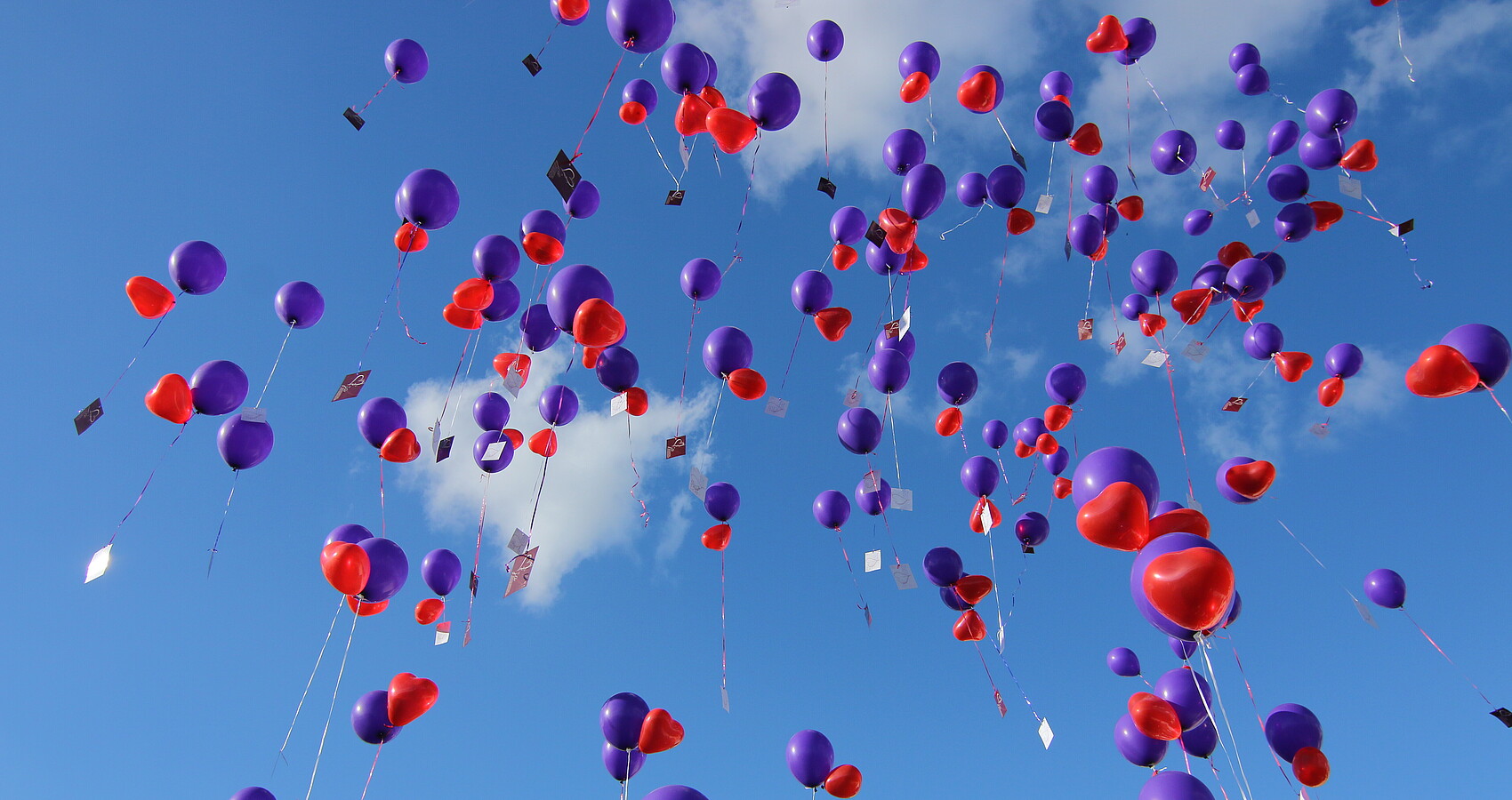 Steigende Luftballons in blau und rot
