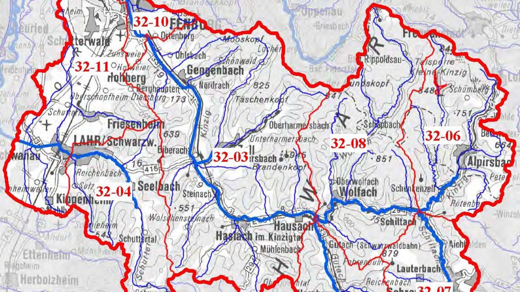 Karte des Teilbearbeitungsgebiets 32 Kinzig / Schutter