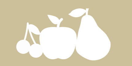 stilisierte weiße Kirschen, ein Apfel, eine Birne auf beigem Untergrund