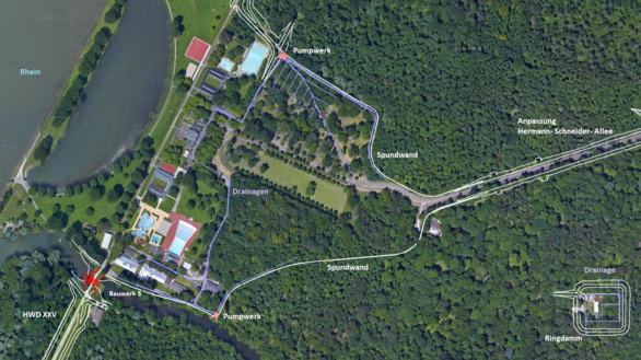 Das Bild zeigt die vorgesehenen Spundwände und Drainagen zum Schutz des Rheinparks vor Überflutung. 