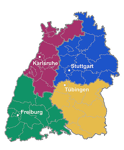 Karte von Baden-Württemberg, eingeteilt sind farblich hinterlegt die vier Regierungsbezirke