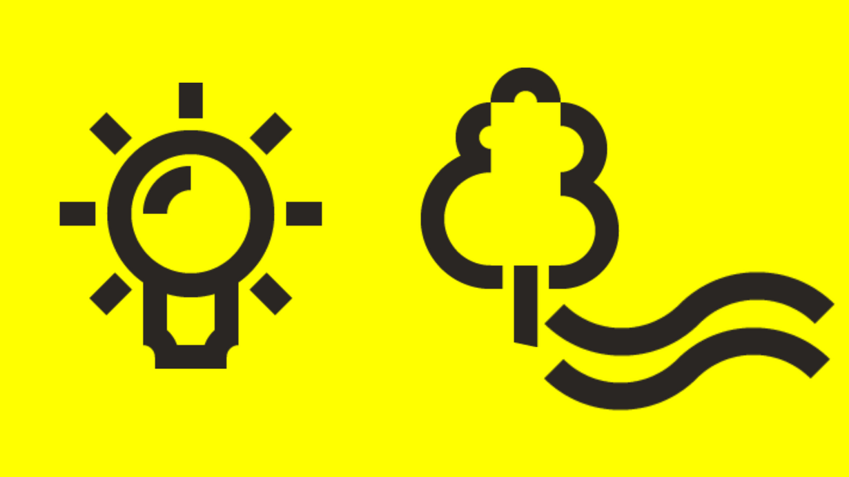 Illustrative Grafiken: Schwarze Symbole von Wasser, Baum, Glühbirne auf gelbem Grund