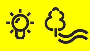 Illustrative Grafiken: Schwarze Symbole von Wasser, Baum, Glühbirne auf gelbem Grund