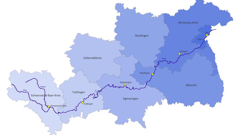Übersichtskarte des Donauverlaufs in Baden-Württemberg inklusive der umliegenden Landkreise. Sie dient zur Verortung einzelner Maßnahmen.
