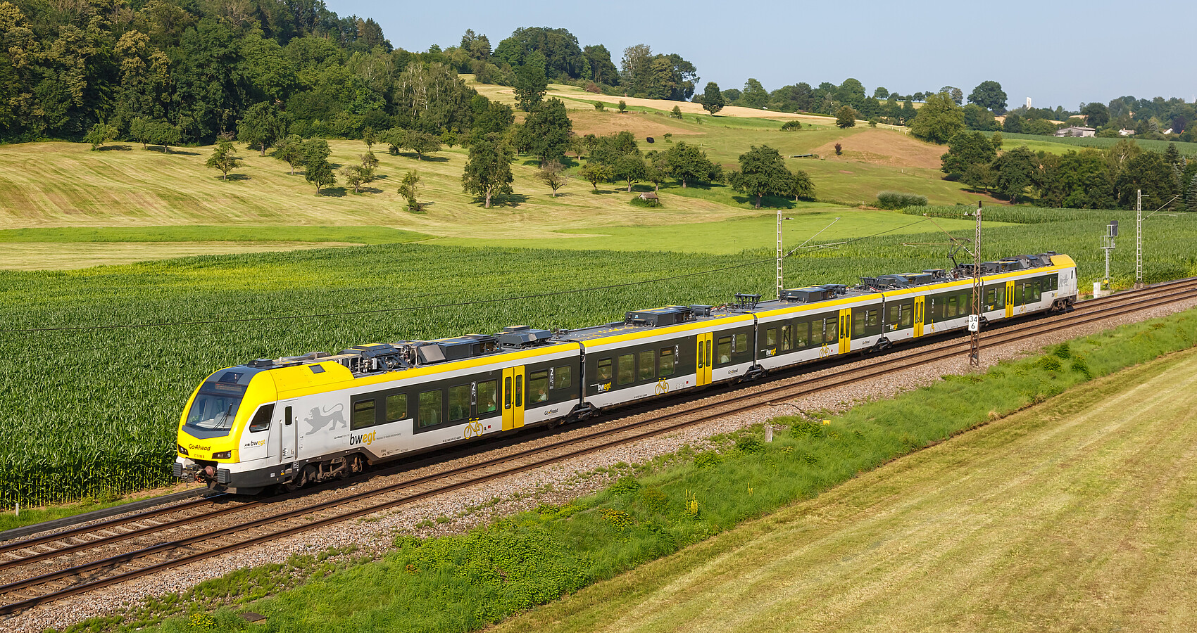 Das Bild zeigt einen gelben Regionalzug der durch ein Tal fährt