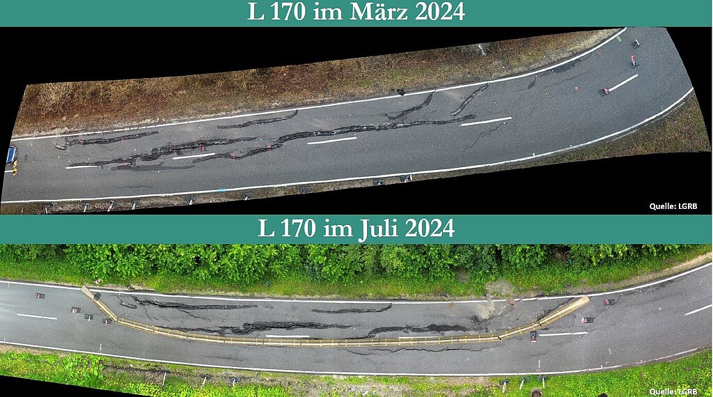 Luftbild des Straßenbelags von März und Juli 2024