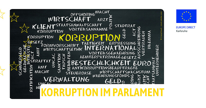 Das Bild zeigt eine Wortwolke zum Begriff Korruption auf schwarzem Hintergrund. Korruption ist in gelber Schrift, die umstehenden Begriffe sind weiß. Auf der linken Seite ist ein halber Sternenkreis und rechts das Logo des EUROPE DIRECT Karlsruhe abgebildet. Unten rechts steht in gelben Großbuchstaben „Korruption im Parlament“.