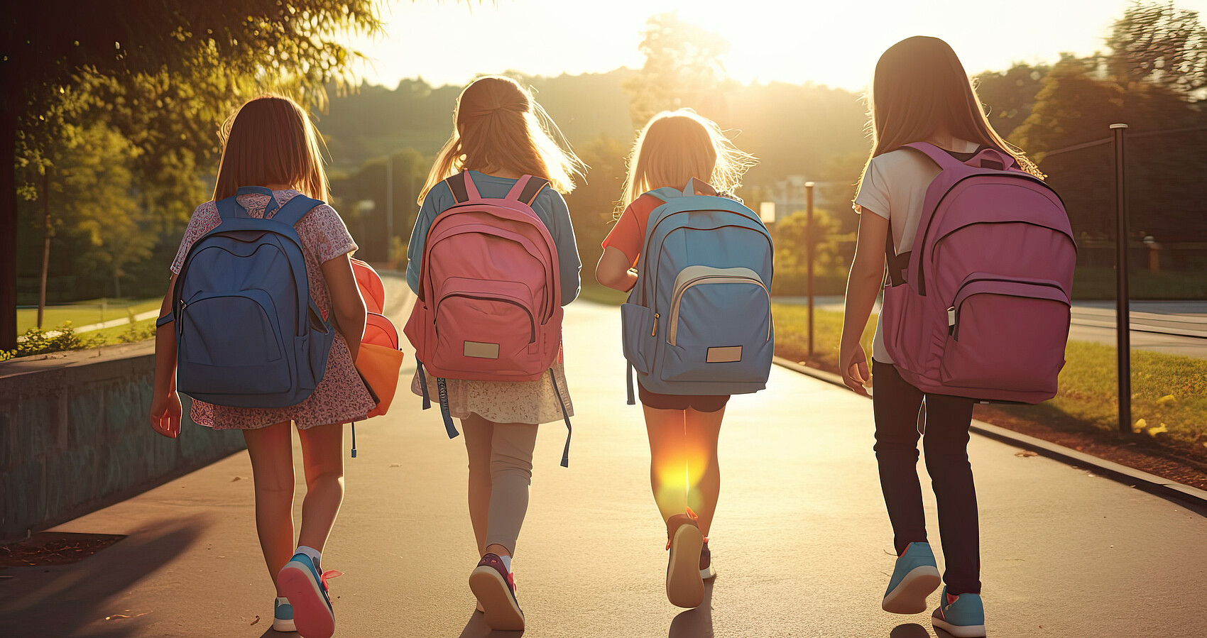 Grundschulkinder mit Rücksack laufen auf dem Schulweg