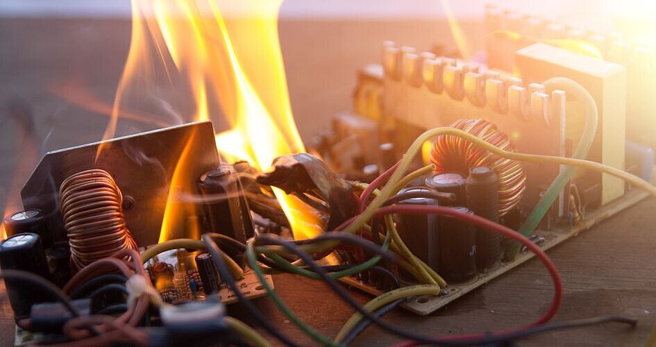 Elektrisches Gerät steht nach einem Kurzschluss in Flammen