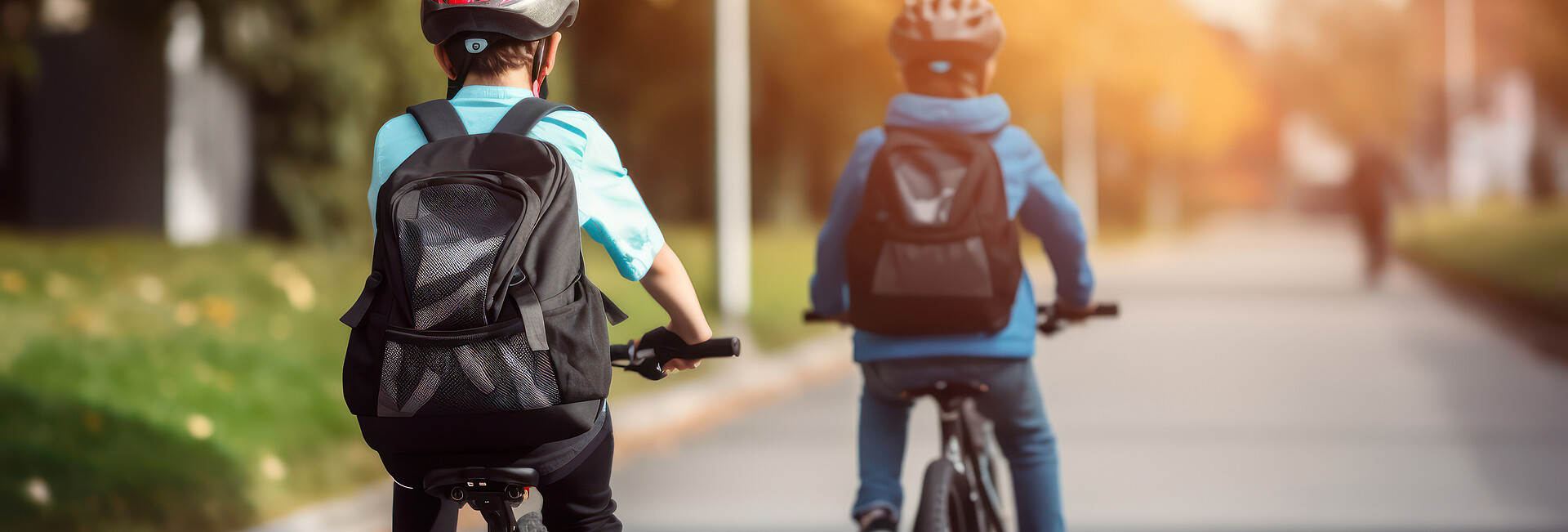 Zwei Kinder fahren mit dem Rad zur Schule