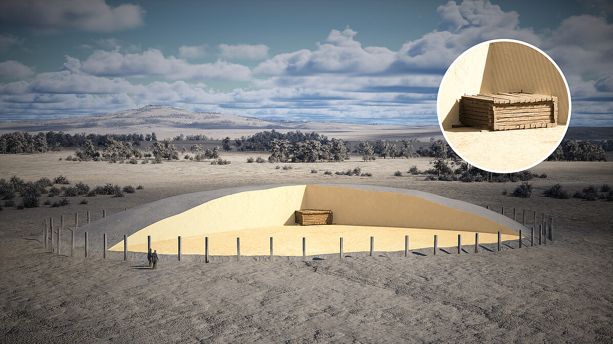 chematische graphische Rekonstruktion des Grabhügels (Durchmesser 65 m) mit Lage der zentralen Grabkammer 