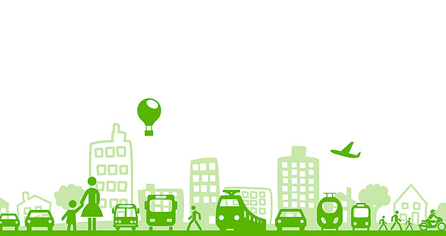 Bild zeigt grüne, gezeichnete Verkehrsmittel mit Häusern im Hintergrund