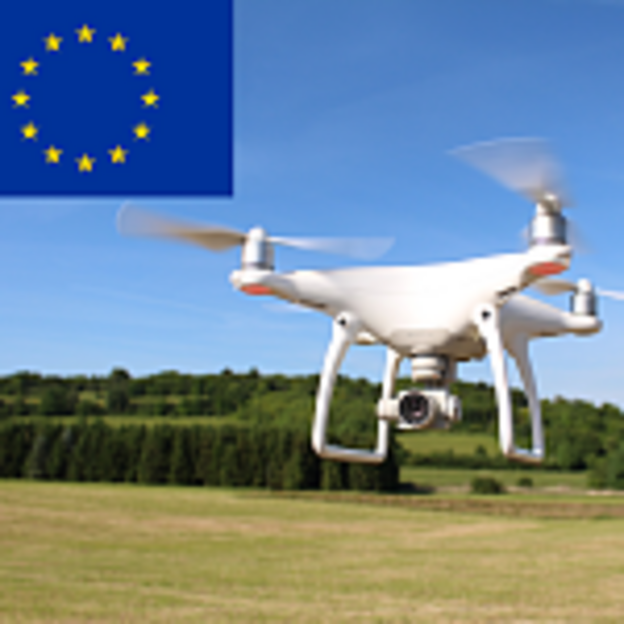 Drohne startet auf einer Wiese, links im Bild die Europaflagge