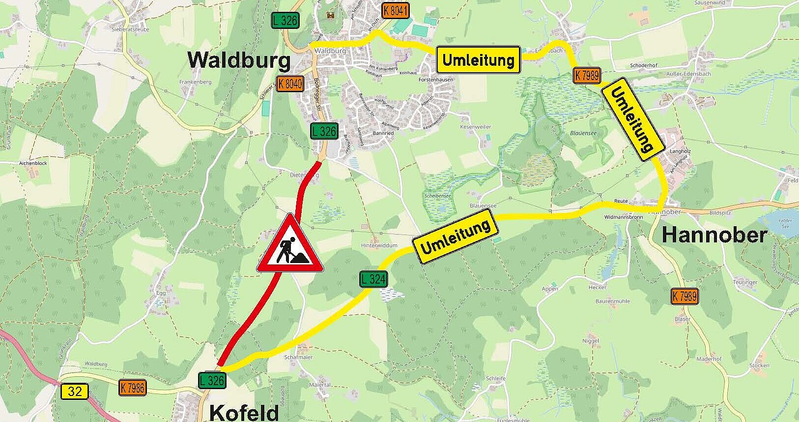 Das Foto zeigt die Umleitungsskizze L 326 Kofeld - Waldburg