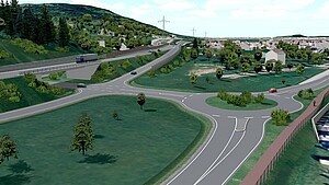 Landschaft mit Kreisverkehr und Autobahn