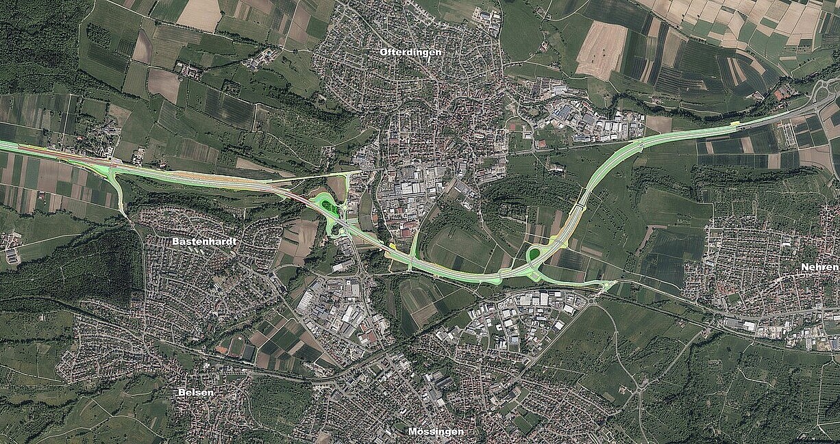 Das Bild zeigt den Lageplan des geplanten zweibahnigen Ausbaus der B 27 zwischen Bodelshausen und Nehren