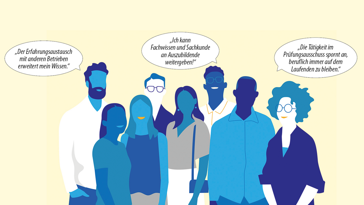 Menschen stehen als blaue Shilouette nebeneinander, darüber sind in Sprechblasen Argumente zu lesen, weshalb man Prüfer/in werden sollte