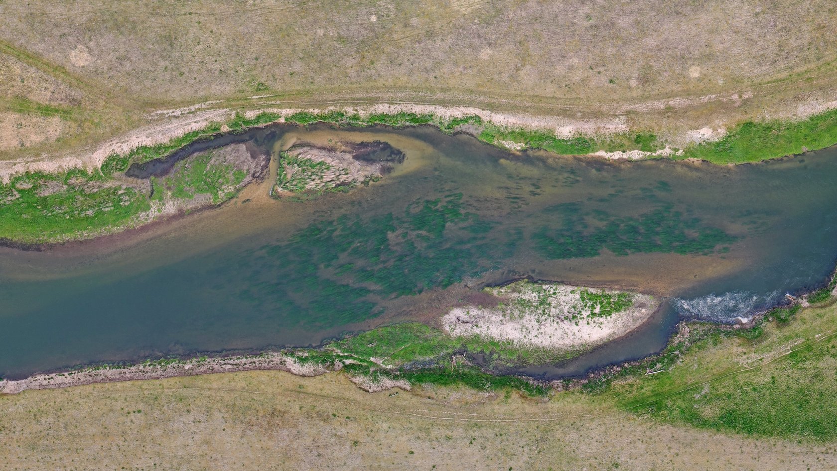 Ein renaturierter Abschnitt der Donau aus der Vogelperspektive. Zu erkennen sind fließgewässertypische Sohl- und Uferstrukturen.