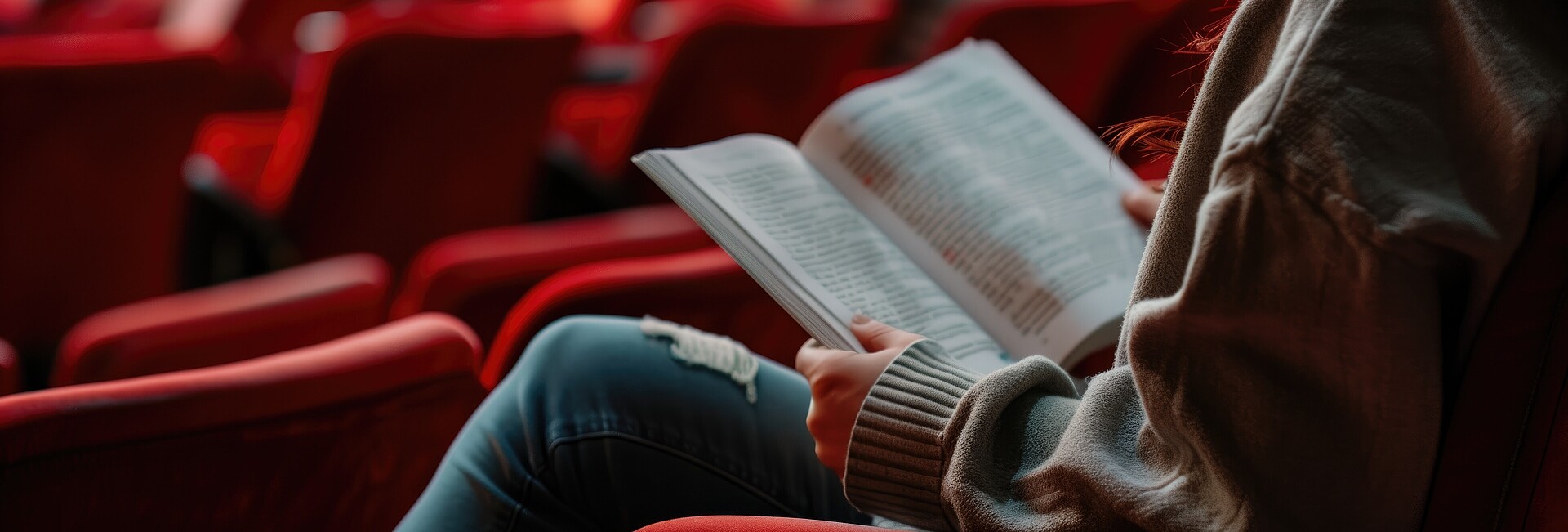 Junge Frau liest auf leeren roten Theatersitzen ein Buch