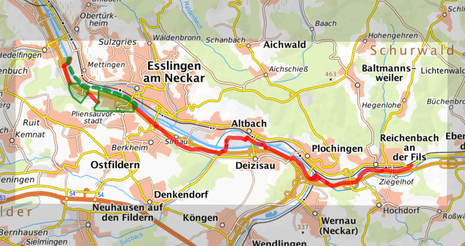 Kartenausschnitt mit dem Verlauf des Radschnellweges 4 von Esslingen nach Reichenbach an der Fils